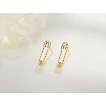 LOYATA Safety Pin Earrings Gold Stud Diamond Cubic Zirconia 14K Gold Filled Dainty Small Simple Hypoallergenic Jewelry Gift for Women