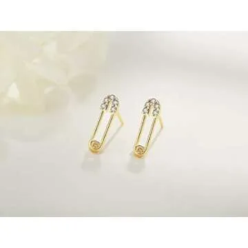 LOYATA Safety Pin Earrings Gold Stud Diamond Cubic Zirconia 14K Gold Filled Dainty Small Simple Hypoallergenic Jewelry Gift for Women
