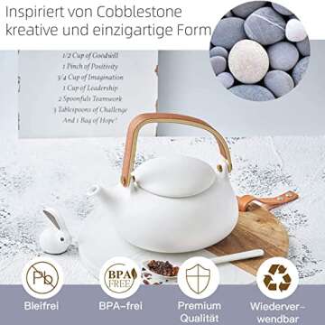 ZENS Modern Japanese Teapot with Infuser, 27oz Matte Ceramic Teapot with Tea Strainer for Loose Leaf Tea Steeper, Wood Handle White Japanese Teapots Hot Tea Brewer Pot for Women Tea Lovers Gifts