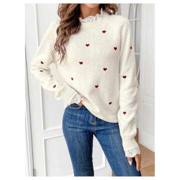 GORGLITTER Women's Heart Lace Valentine Patchwork Pullover Sweater Embellished Long Sleeve Cute Knitwear Sweater Jumper Beige Small