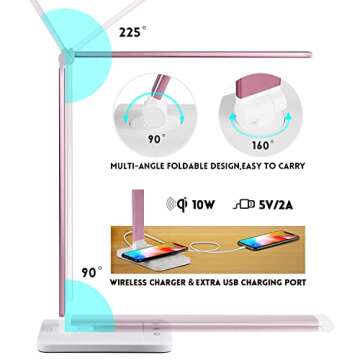 JOSTIC LED Desk Lamp with Wireless Charger, USB Charging Port, Desk Lighting with 10 Brightness, 5 Color Modes, Dimmable Eye Caring Reading Desk Lamps for Home Office, Touch Control, Auto Timer, Pink