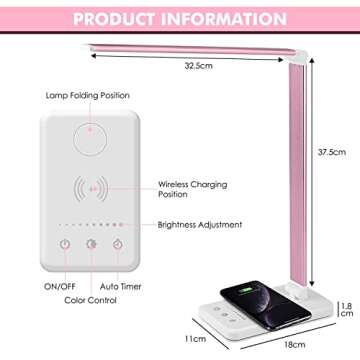 JOSTIC LED Desk Lamp with Wireless Charger, USB Charging Port, Desk Lighting with 10 Brightness, 5 Color Modes, Dimmable Eye Caring Reading Desk Lamps for Home Office, Touch Control, Auto Timer, Pink