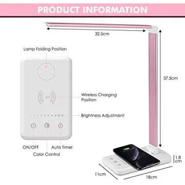JOSTIC LED Desk Lamp with Wireless Charger, USB Charging Port, Desk Lighting with 10 Brightness, 5 Color Modes, Dimmable Eye Caring Reading Desk Lamps for Home Office, Touch Control, Auto Timer, Pink
