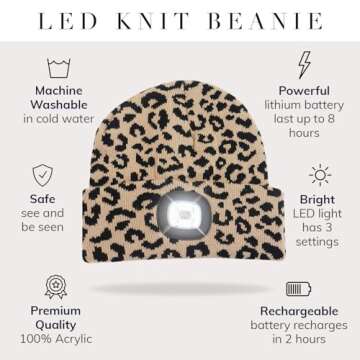 HEAD LIGHTZ Headlightz by Roq Innovation - Beanie with Light, Unisex LED Beanie Hat with Light Built in, Rechargeable, Leopard