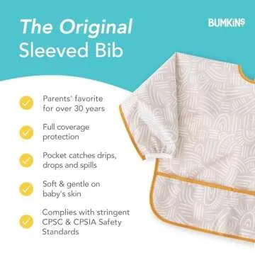 Bumkins Sleeved Bib for Girl or Boy, Baby and Toddler for 6-24 Mos, Essential Must Have for Eating, Feeding, Baby Led Weaning Supplies, Long Sleeve Mess Saving Food Catcher, Soft Fabric, Boho Beige