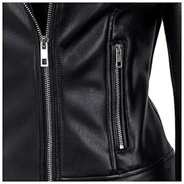 Athlemo Womens Faux Leather Motorcycle Jackets Classical Black PU Slim Short Biker Coats