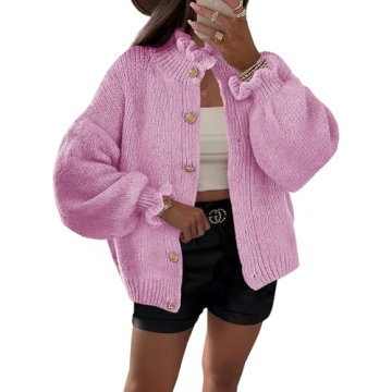 Trendy Saodimallsu Women's Ruffle Cardigan - Oversized Button Up Sweater Pink