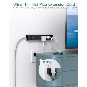 Surge Protector Power Strip - Extension Cord with 6 AC Outlets 4 USB (2 USB-C Ports), Flat Plug with Overload Surge Protection, Wall Mount, 5ft, Outlet Extender for Home Office Dorm Room Essentials