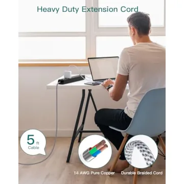 Surge Protector Power Strip - Extension Cord with 6 AC Outlets 4 USB (2 USB-C Ports), Flat Plug with Overload Surge Protection, Wall Mount, 5ft, Outlet Extender for Home Office Dorm Room Essentials