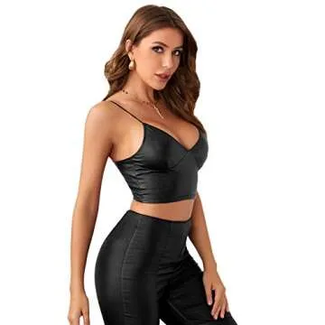 Verdusa Women's Faux Leather V Neck Cami Top Black M