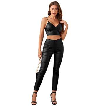 Verdusa Women's Faux Leather V Neck Cami Top Black M