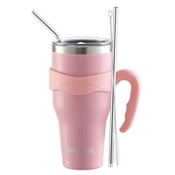 Ezprogear 40 oz Stainless Steel Beer Tumbler Pink Camping Mug Double Wall Vacuum Insulated with Straws and Handle (Pink)