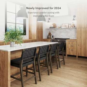 Nathan James Cohen Mid-Century Modern Leather Bar Stool, Counter Height Chair in Solid Wood Frame with Footrest and Woven Leather Back for Kitchen, Black