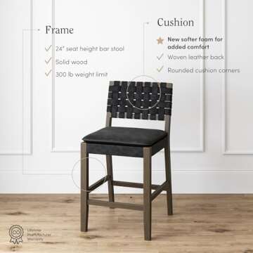 Nathan James Cohen Mid-Century Modern Leather Bar Stool, Counter Height Chair in Solid Wood Frame with Footrest and Woven Leather Back for Kitchen, Black