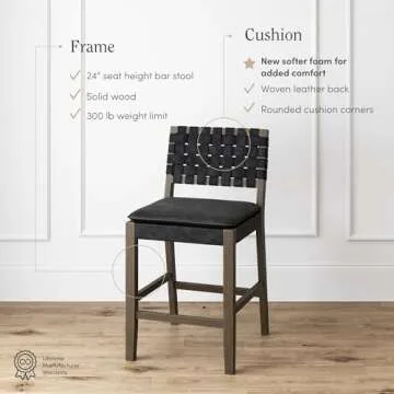 Nathan James Cohen Mid-Century Modern Leather Bar Stool, Counter Height Chair in Solid Wood Frame with Footrest and Woven Leather Back for Kitchen, Black