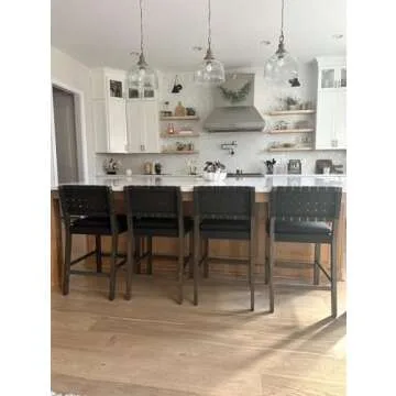 Nathan James Cohen Mid-Century Modern Leather Bar Stool, Counter Height Chair in Solid Wood Frame with Footrest and Woven Leather Back for Kitchen, Black