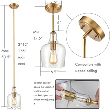 JEENKAE Gold Pendant Light - Modern Brass Glass Fixture