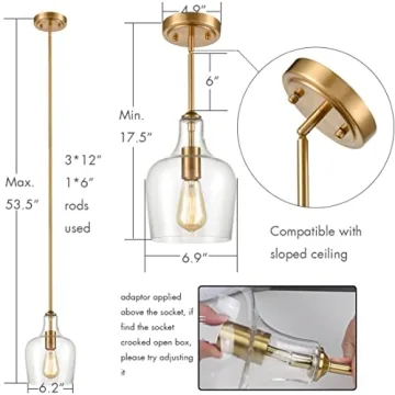 JEENKAE Gold Pendant Light - Modern Brass Glass Fixture