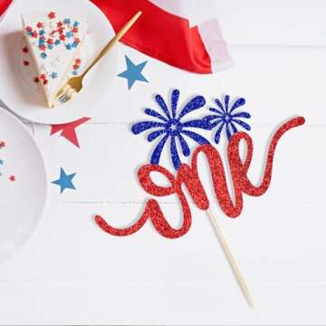 One Cake Topper Red & White & Blue Glitter - 4th of July 1st Birthday Decorations, 4th of July Baby ...