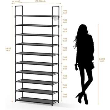 EWXZY 10 Tiers Shoe Rack for 40 Pairs - Versatile Storage Solution, Sturdy Metal Construction, Organized Accessory for Closet Bedroom - 70.86 x 23.26 x 11.81 inches - Black
