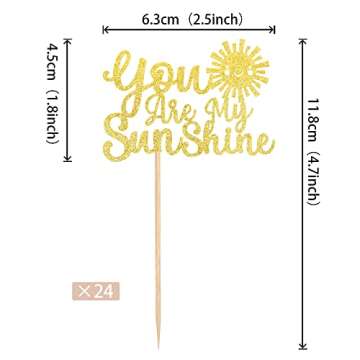 24 PCS You are My Sunshine Cupcake Toppers with Gold Glitter Sun Smile Face Bridal Shower Sunshine C...