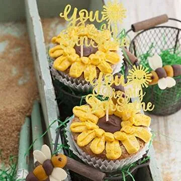 24 PCS You are My Sunshine Cupcake Toppers with Gold Glitter Sun Smile Face Bridal Shower Sunshine Cupcake Picks Wedding Engagement Baby Shower Birthday Party Cake Decorations Supplies