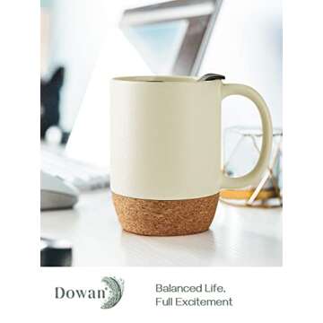 DOWAN Coffee Mugs Set of 2, 15 OZ Ceramic Mug with Cork Bottom and Splash Proof Lid, Large Coffee Mu...