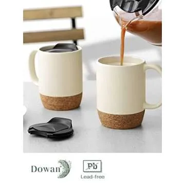 DOWAN 15 oz Coffee Mugs Set with Cork Bottom and Lid