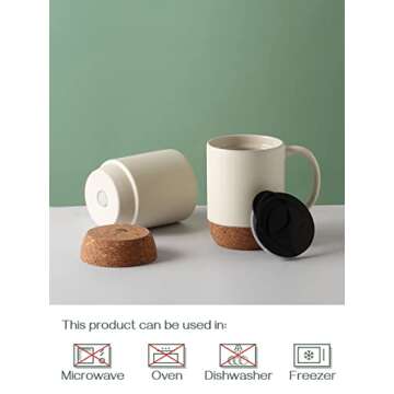 DOWAN 15 oz Coffee Mugs Set with Cork Bottom and Lid