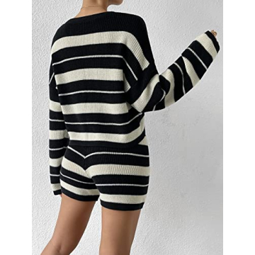Verdusa Women's Striped Knit Sweater Shorts Set Black White
