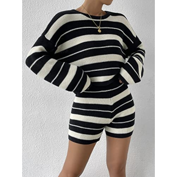 Verdusa Women's Striped Knit Sweater Shorts Set Black White