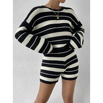Verdusa Women's Striped Knit Sweater Shorts Set Black White