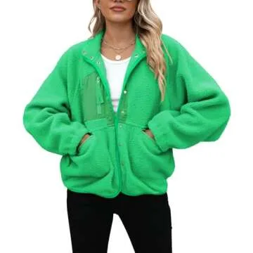 Yanekop Womens Sherpa Jacket Fuzzy Fleece Coat Long Sleeve Green Jacket Winter Coats Clothes Warm Outwear(A Fluorescent Green,S)
