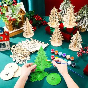 Yousoontic 10 Sets Wooden Christmas Tree DIY Crafts Cutouts with 12 Acrylic Paint 3D Unfinished Chri...