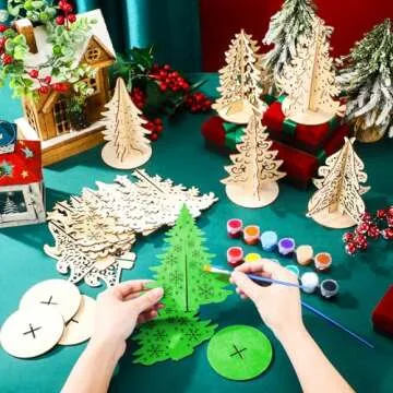 Yousoontic 10 Sets Wooden Christmas Tree DIY Crafts Cutouts with 12 Acrylic Paint 3D Unfinished Chri...
