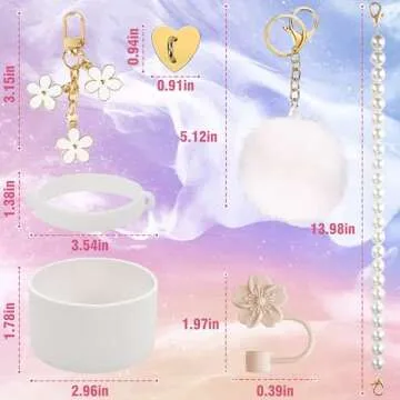 Seocam Compatible with White Stanley Cup Accessories 40 oz, 7pcs of Food-Grade Silicone Straw Cover, Pearls Chain, Bottle Boot, Rubber Cup Ring, Keychains, and Heart Hook, Unique Gifts For Women