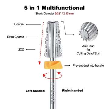 Xinshare 5 in 1 Nail Drill Bits 3/32" Carbide Bits Fast Remove Acrylic or Hard Gel Polishing Suitabl...