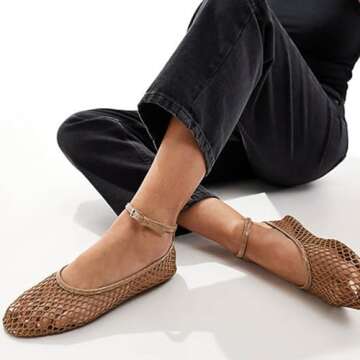 VorisVina Mesh Ballet Flats for Women Metal Buckle Mary Jane Flats Comfortable Dressy Ballerina Fishnet Shoes with Ankle Bracelet Tan