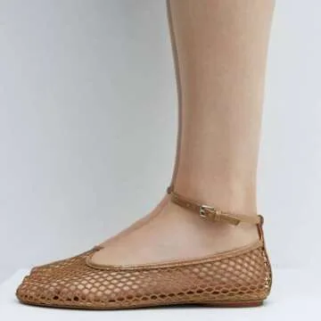 VorisVina Mesh Ballet Flats for Women Metal Buckle Mary Jane Flats Comfortable Dressy Ballerina Fishnet Shoes with Ankle Bracelet Tan
