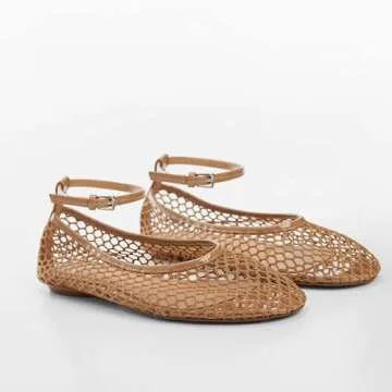 VorisVina Mesh Ballet Flats for Women Metal Buckle Mary Jane Flats Comfortable Dressy Ballerina Fishnet Shoes with Ankle Bracelet Tan