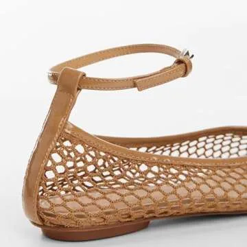 VorisVina Mesh Ballet Flats for Women Metal Buckle Mary Jane Flats Comfortable Dressy Ballerina Fishnet Shoes with Ankle Bracelet Tan