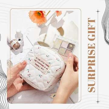 Abbylike Small Makeup Bag for Purse Mini Cosmetic Pouch with Zipper for Women Coin Purse Lipstick Little Things Small Items Storage Bag for Traveling 3.94 x 3.74 x 2.36 Inch(Cherry Style)