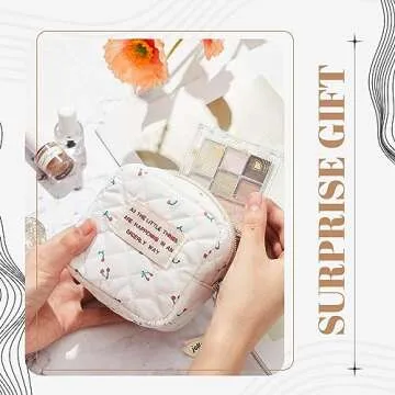 Abbylike Small Makeup Bag for Purse Mini Cosmetic Pouch with Zipper for Women Coin Purse Lipstick Little Things Small Items Storage Bag for Traveling 3.94 x 3.74 x 2.36 Inch(Cherry Style)