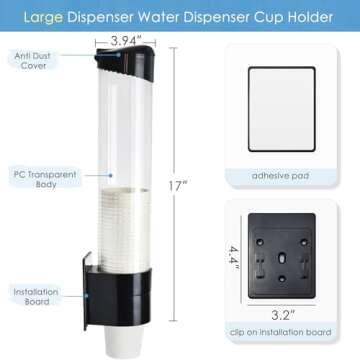 Samhe Cup Dispenser Water Dispenser Cup Holder Pull Type Paper Automatic Remover 7oz - 12oz Cone or Flat Bottom Cups for Home Office Hospital (Black, Large)