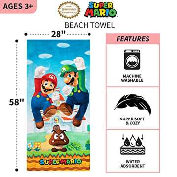 Franco Super Mario "Official Nintendo" Kids Super Soft Cotton Bath/Pool/Beach Towel, 58 in x 28 in