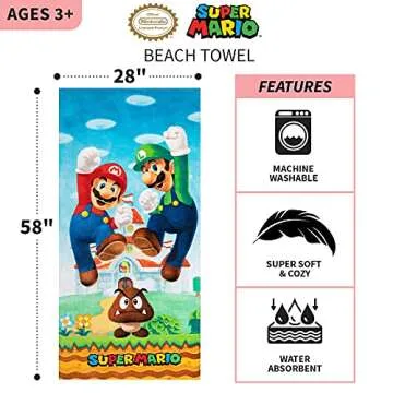 Franco Official Super Mario Kids Beach Towel, Super Soft & Colorful