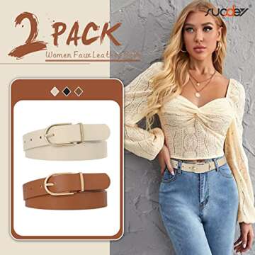 SUOSDEY 2 Pack Womens Fashion Leather Belts for Jeans Dresses Pants Black Brown Beige Ladies Belts w...