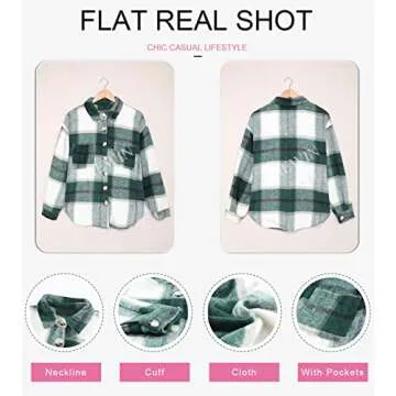SHEWIN Womens Oversized Flannel Plaid Shirts Long Sleeve Lapel Casual Button Down Shacket Jacket Fall Fall Outfits Women Trendy,US 16-18(XL),Green