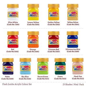 Flash Acrylic Paint Set | 25 Colors | 50 ml, 1.7 fl oz Each | High Pigment Strength | Non Fading | Indoor/Outdoor | Non Toxic | Multi-Surface Paint | Pro Artist, Hobby Painters & Kid