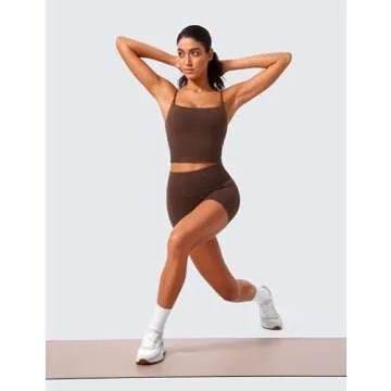 CRZ YOGA Butterlift Womens Scoop Neck Longline Sports Bra - U Back Adjustable Straps Workout Crop Tank Top with Built in Pads Coffee Brown Medium